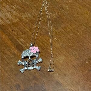 Skull Pendant Necklace with Pink Flower
